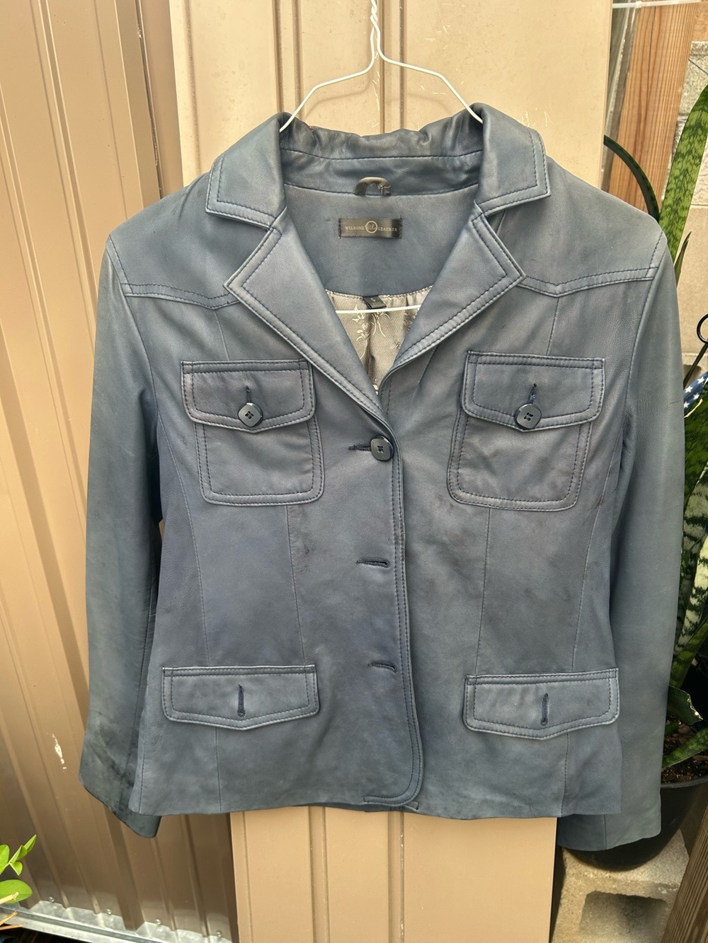 Wilsons Leather Navy Blue Leather Blazer with Patch Pockets